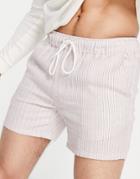 Asos Design Slim Shorter Length Shorts In Pink Striped Linen-multi