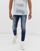 Sixth June Skinny Jeans In Mid Blue With Distressing