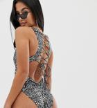 Asos Design Petite Recycled Lace Up Back Swimsuit In Mono Animal - Multi