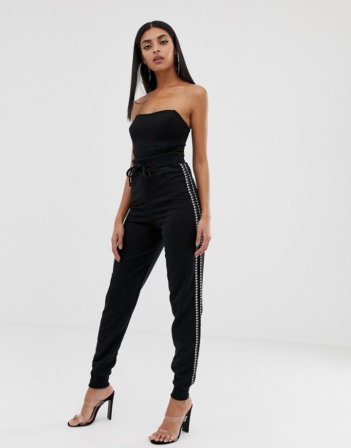 Prettylittlething Houndstooth Side Stripe Sweatpants In Black - Black