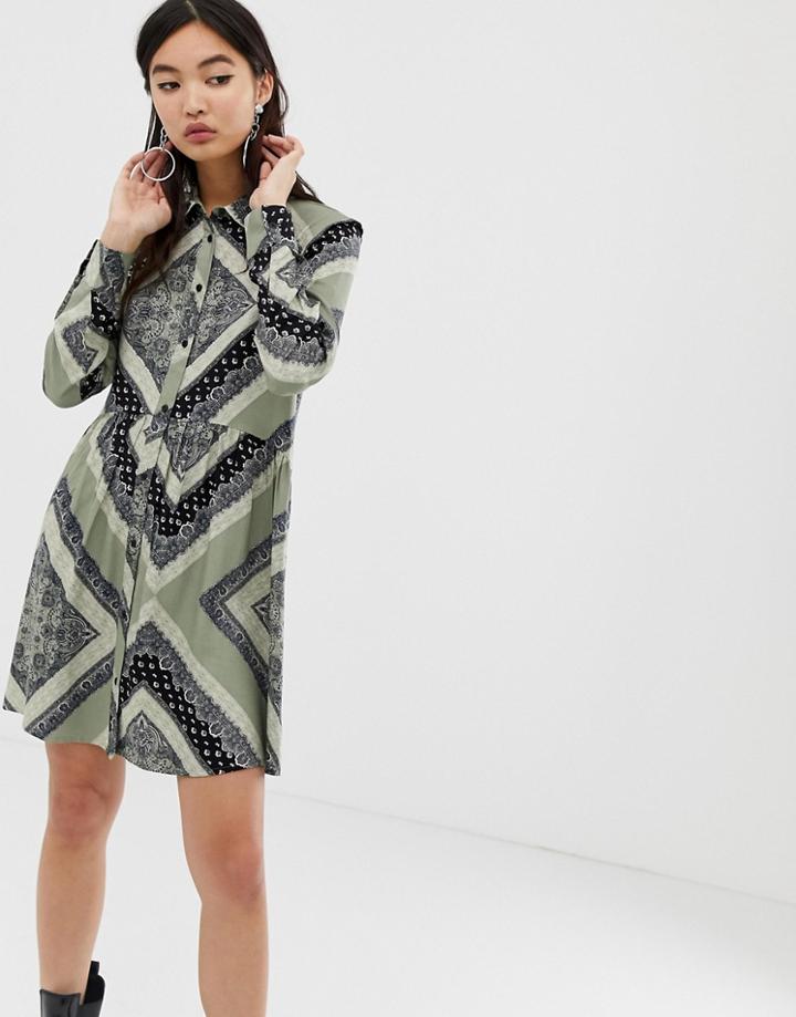 Stradivarius Shirt Dress In Scarf Print - Green