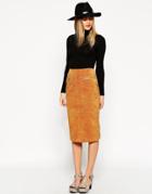 Asos Midi Pencil Skirt In Suede With Pockets And Curved Zip - Tan