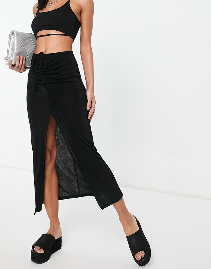 Bershka Tie Detail Midi Skirt In Black
