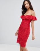 Little Mistress Lace Pencil Dress With Frill Overlay - Red