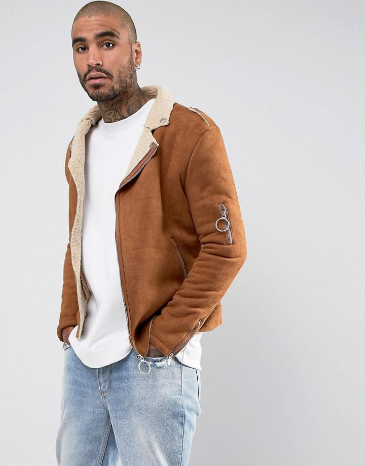 Sixth June Faux Shearling Biker Jacket In Tan - Tan