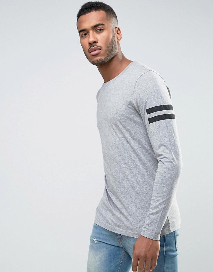 Jack & Jones Core Crew Neck Long Sleeve Top With Arm Print - Gray
