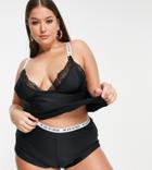 We Are We Wear Curve Microfiber Lace Trim Cami And Short Set With Logo Detail In Black - Black