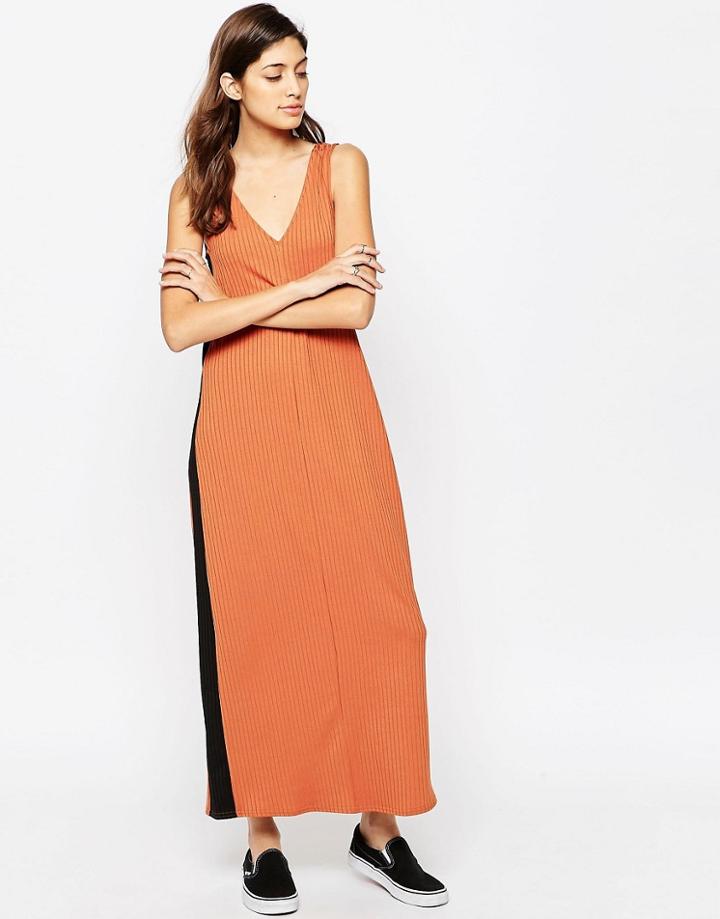 Asos Rib Panel Maxi Dress - Brown