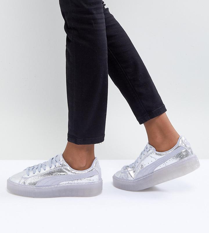 Puma Metallic Basket Platform Sneakers In Silver - Silver