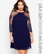 Little Mistress Plus Shift Dress With Lace Sleeves - Navy