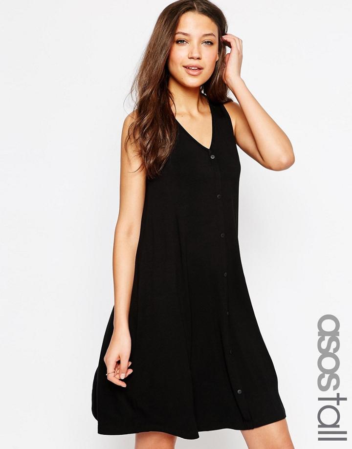 Asos Tall Sleeveless Swing Dress With Button Front - Black