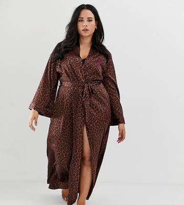 Savage X Fenty Curvy Animal Print Satin Long Kimono Robe In Toffee Leopard - Brown