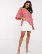 Asos Design Long Sleeve Top With Tie Detail In Sheer Chevron In Blush-pink