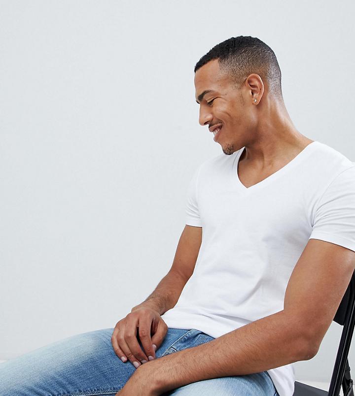 Asos Design Tall T-shirt With Deep V Neck In White - White