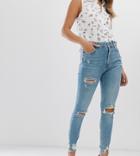 Bershka Super Skinny Ripped Jean In Blue - Blue