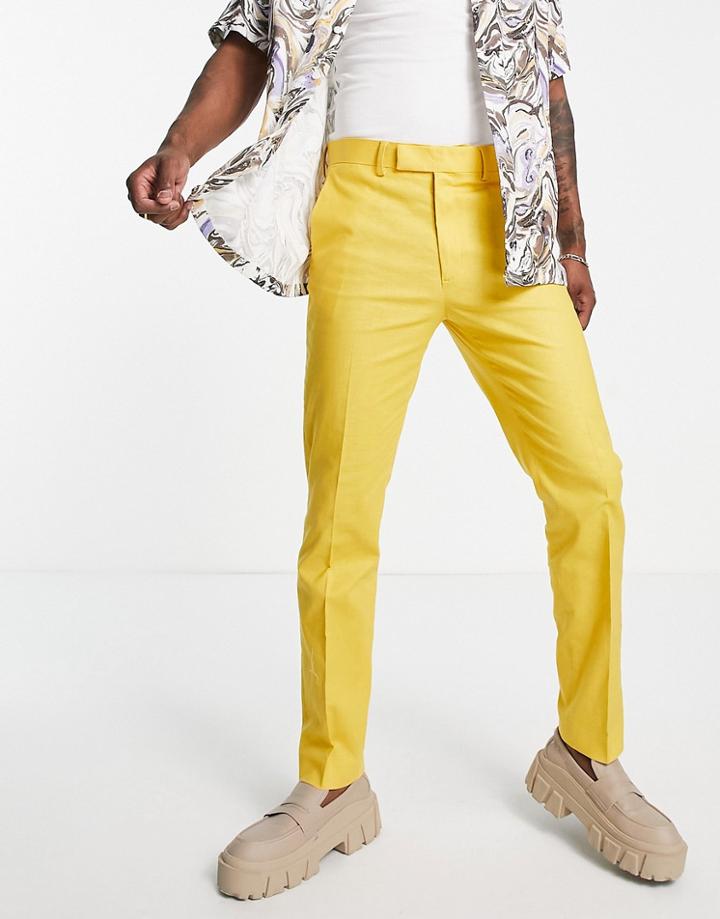 Asos Design Smart Slim Linen Mix Pants In Mustard-yellow