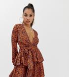 John Zack Petite Plunge Front Skater Dress In Contrast Leopard-multi