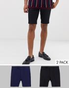 Asos Design 2 Pack Slim Mid Length Smart Shorts In Black And Navy Save - Multi