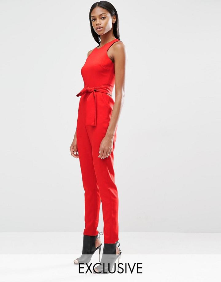 Lavish Alice High Neck Tie Front Jumpsuit - Red