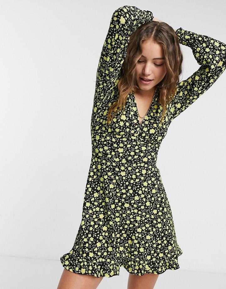 Miss Selfridge Long Sleeve Mini Dress In Yellow And Black Floral