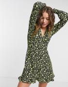Miss Selfridge Long Sleeve Mini Dress In Yellow And Black Floral