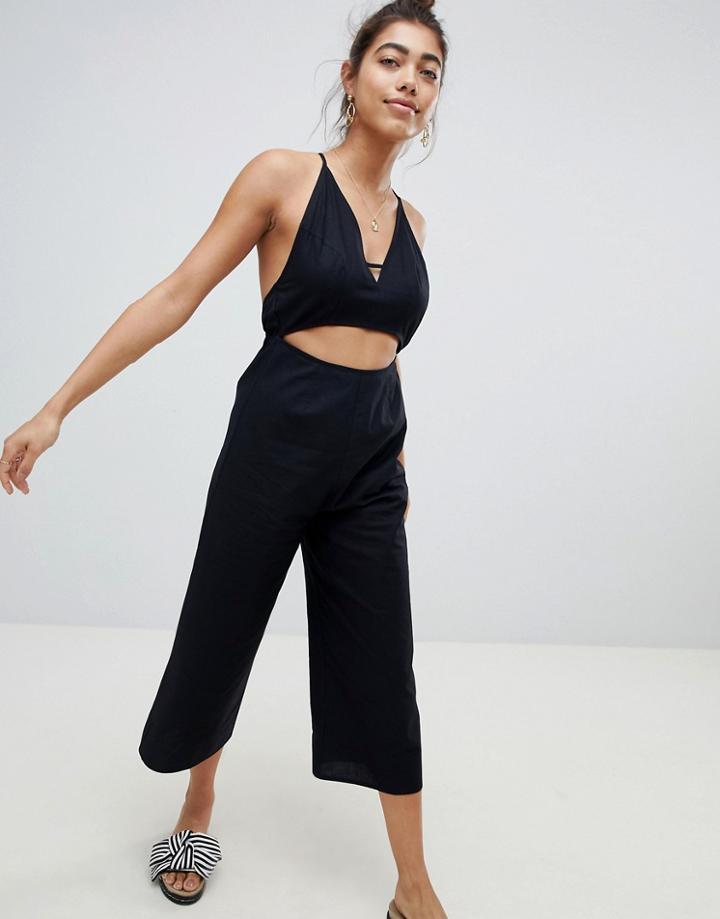 Asos Design Cotton Jumpsuit With Cut Out Detail - Black