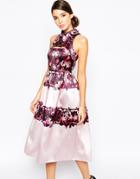 True Violet Full Prom Midi Dress In Sateen With Cut Out - Lilac Floral