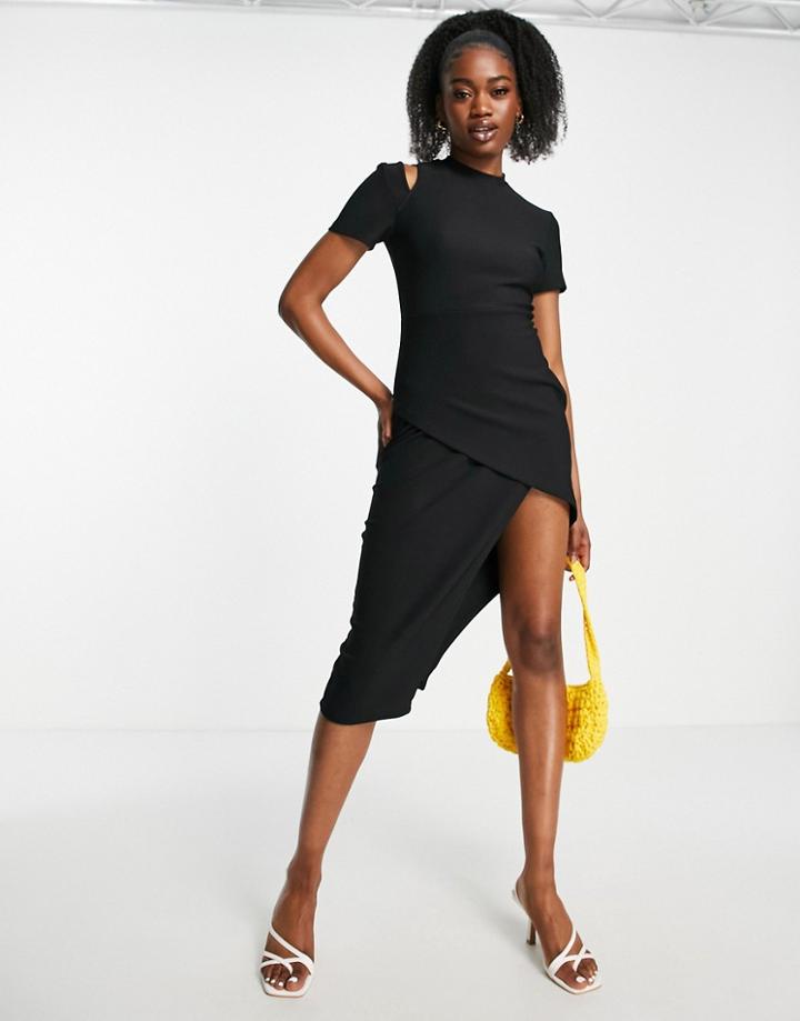 Urban Revivo Asymmetric Cut Out Shoulder Midi Dress In Black
