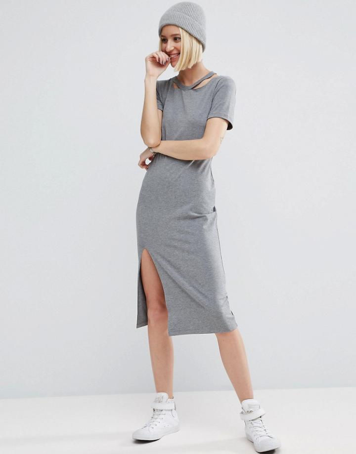 Asos T-shirt Dress With Ripped Neck - Gray