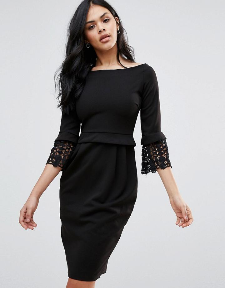 City Goddess 3/4 Sleeve Pencil Dress With Lace Cuff - Black