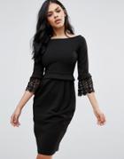 City Goddess 3/4 Sleeve Pencil Dress With Lace Cuff - Black