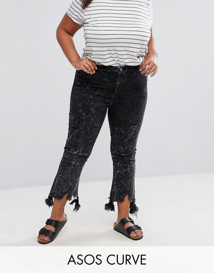 Asos Curve Cropped Flare Jeans With Arched Raw Hem In Extreme Acid Wash Black - Black