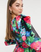 Asos Design Long Sleeve Blouse With Ruched Front And Volume Sleeve In Floral Print-multi