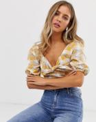 New Look Crop Puff Sleeve Prarie Top In Yellow Check