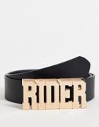 Asos Design Slim Belt In Black Faux Leather With Text