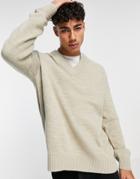 Only & Sons Oversized V-neck Sweater In Beige-neutral
