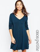 Asos Petite Long Sleeve Button Through Swing Dress - Teal