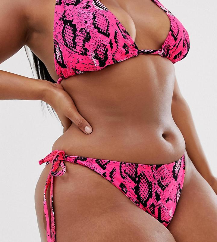 Asos Design Curve Mix And Match Tie Side Bikini Bottom In Pink Neon Snake - Pink
