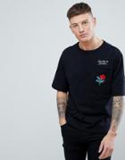 Pull & Bear Rose Embroidered T-shirt In Black - Multi