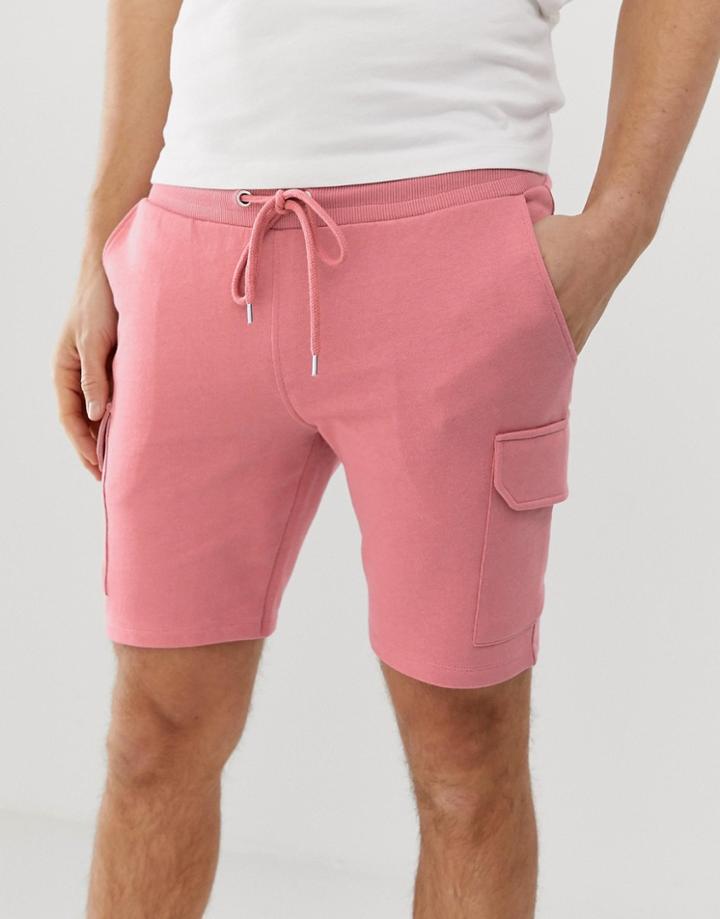 Asos Design Jersey Skinny Shorts With Cargo Pockets In Pink - Pink