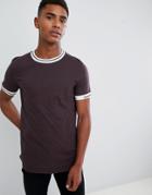 Asos Design T-shirt With Tipped Neck In Brown - Red