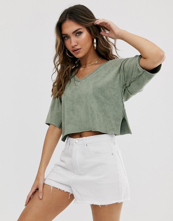 Asos Design T-shirt With Raw Seams And V-neck In Washed Khaki-green