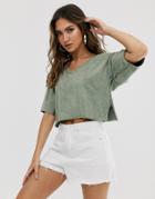 Asos Design T-shirt With Raw Seams And V-neck In Washed Khaki-green