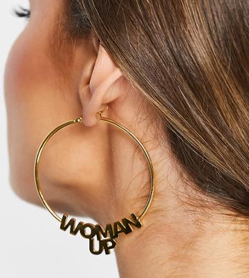 Hoops + Chains Ldn Hoops With 'woman Up' Slogan In 18kt Waterproof Gold Plate