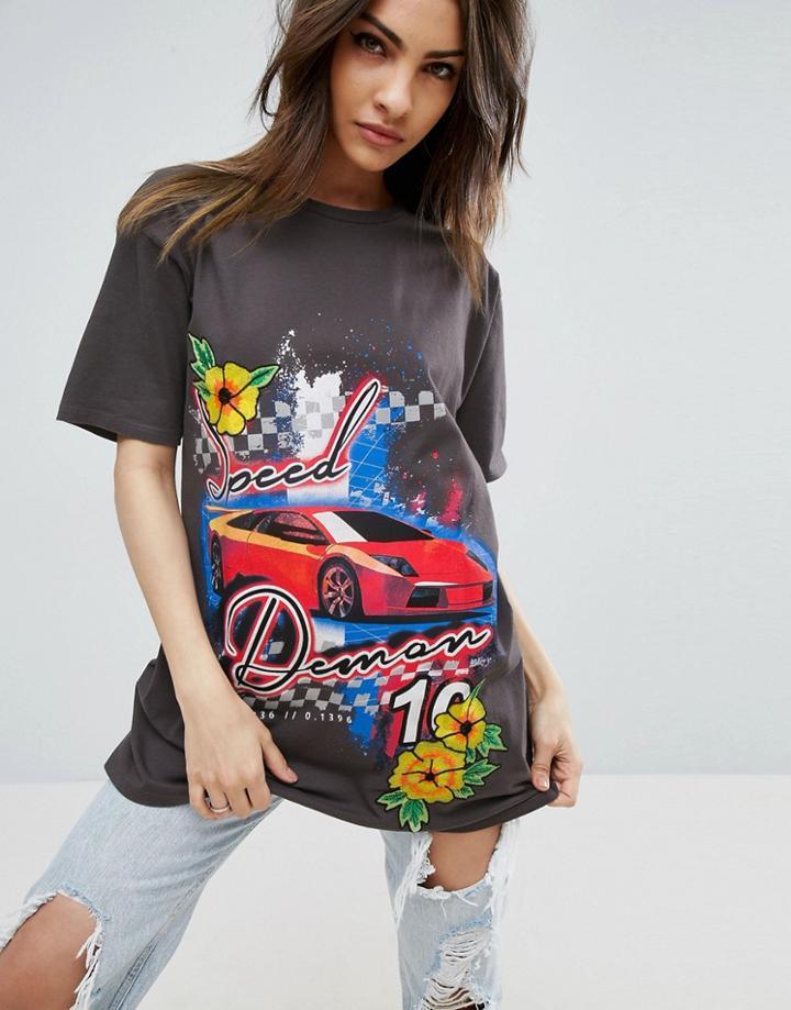 Asos T-shirt With Racer Print And Floral Applique - Black