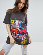 Asos T-shirt With Racer Print And Floral Applique - Black