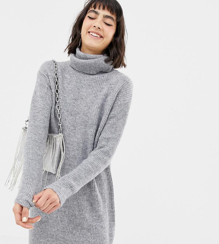 Mango Roll Neck Sweater Dress In Gray