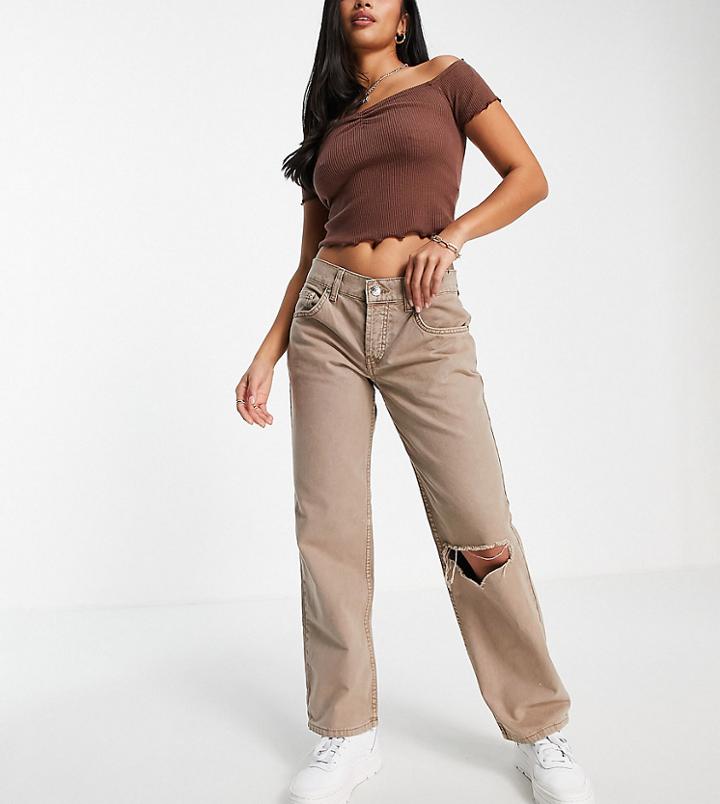 Asos Design Petite Low Rise 90s Straight Pant With Split Hem In Stone-neutral