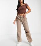 Asos Design Petite Low Rise 90s Straight Pant With Split Hem In Stone-neutral