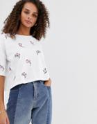 Asos Design Boxy T-shirt With All Over Ditsy Embroidery In White